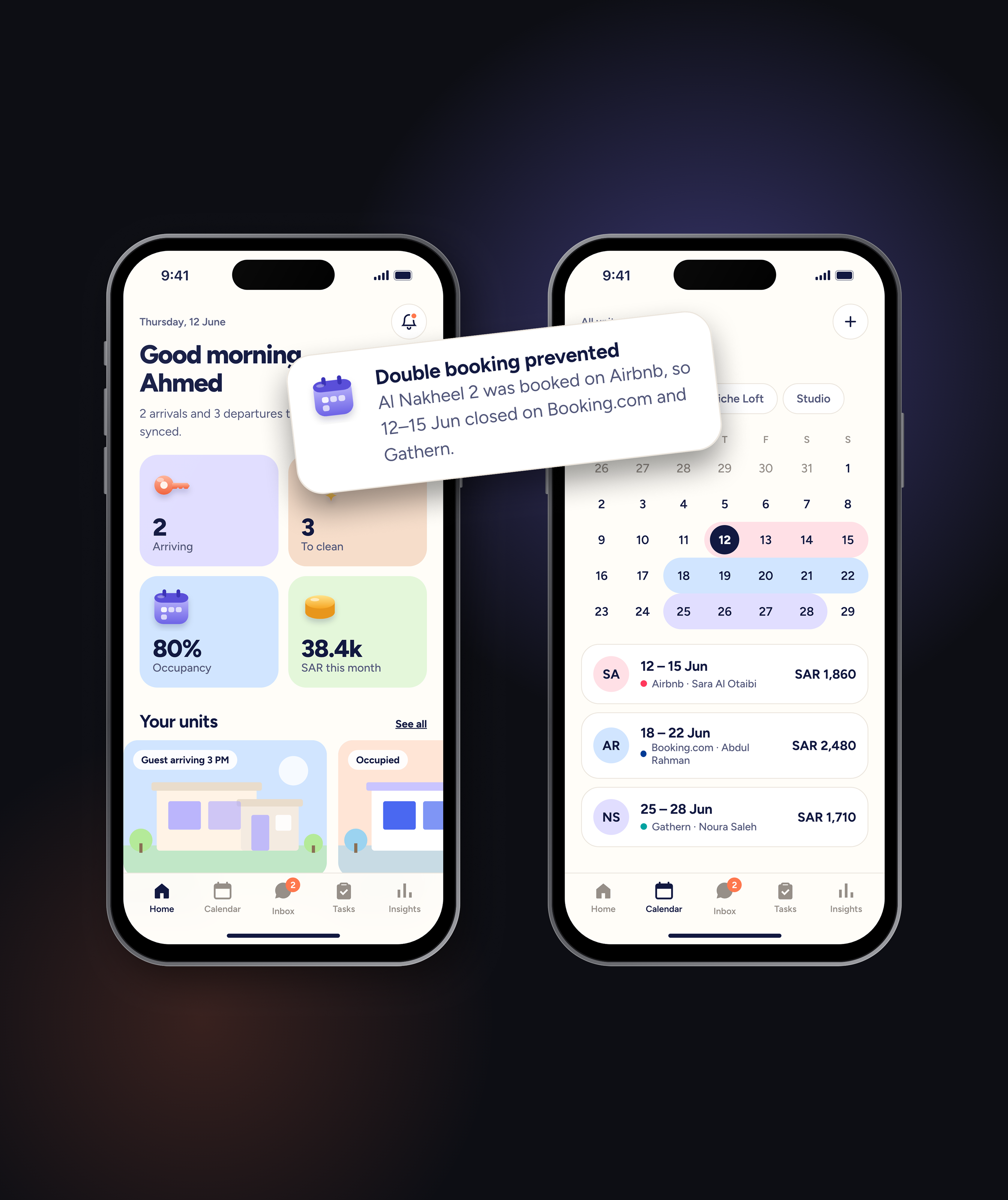 The Booking Manager app on two phones side by side, the Home screen with today's arrivals and occupancy and the Calendar with bookings by platform, with a notification between them saying a double booking was prevented.