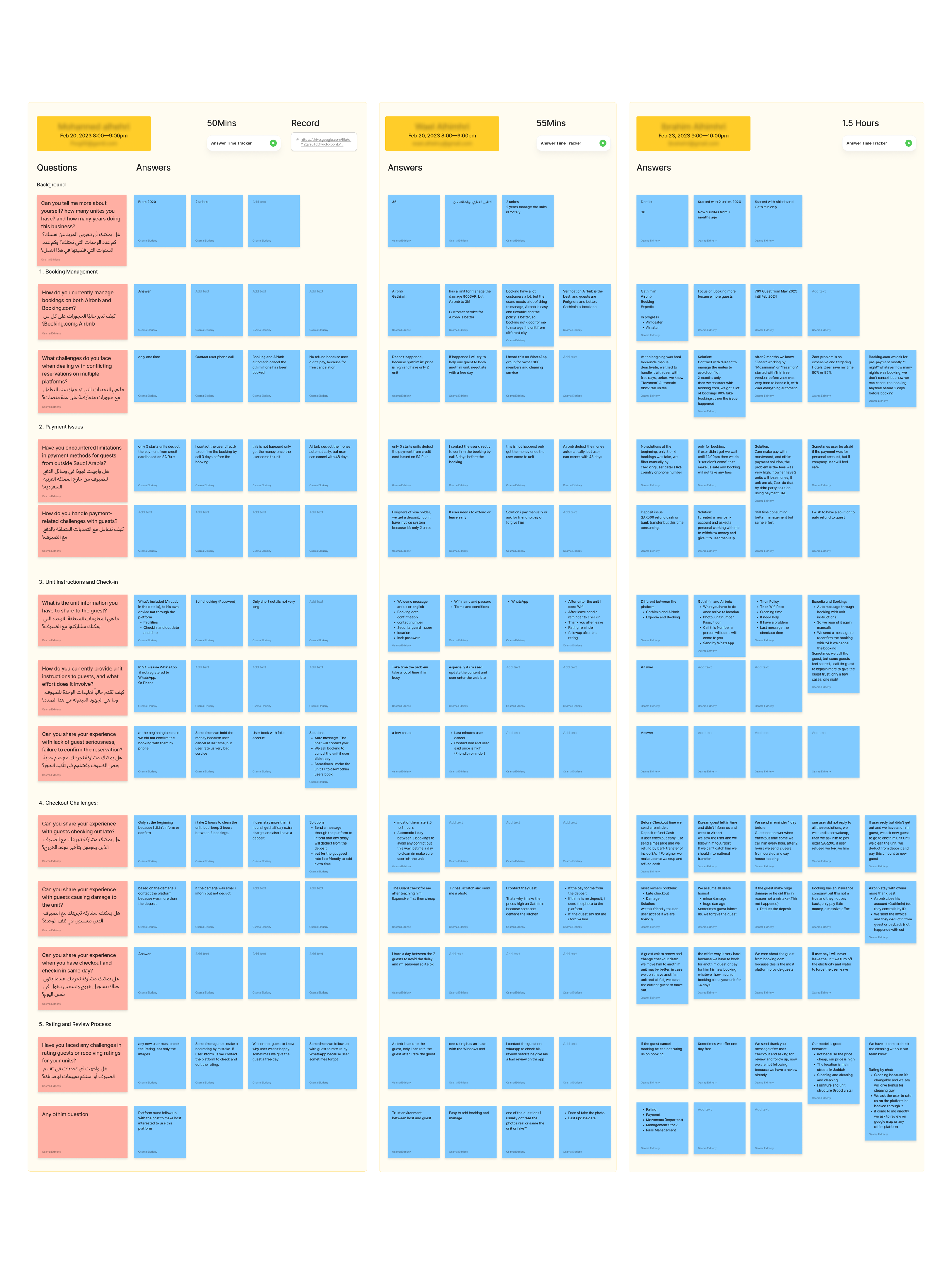 The interview board: each host's answers on sticky notes, grouped by question theme.
