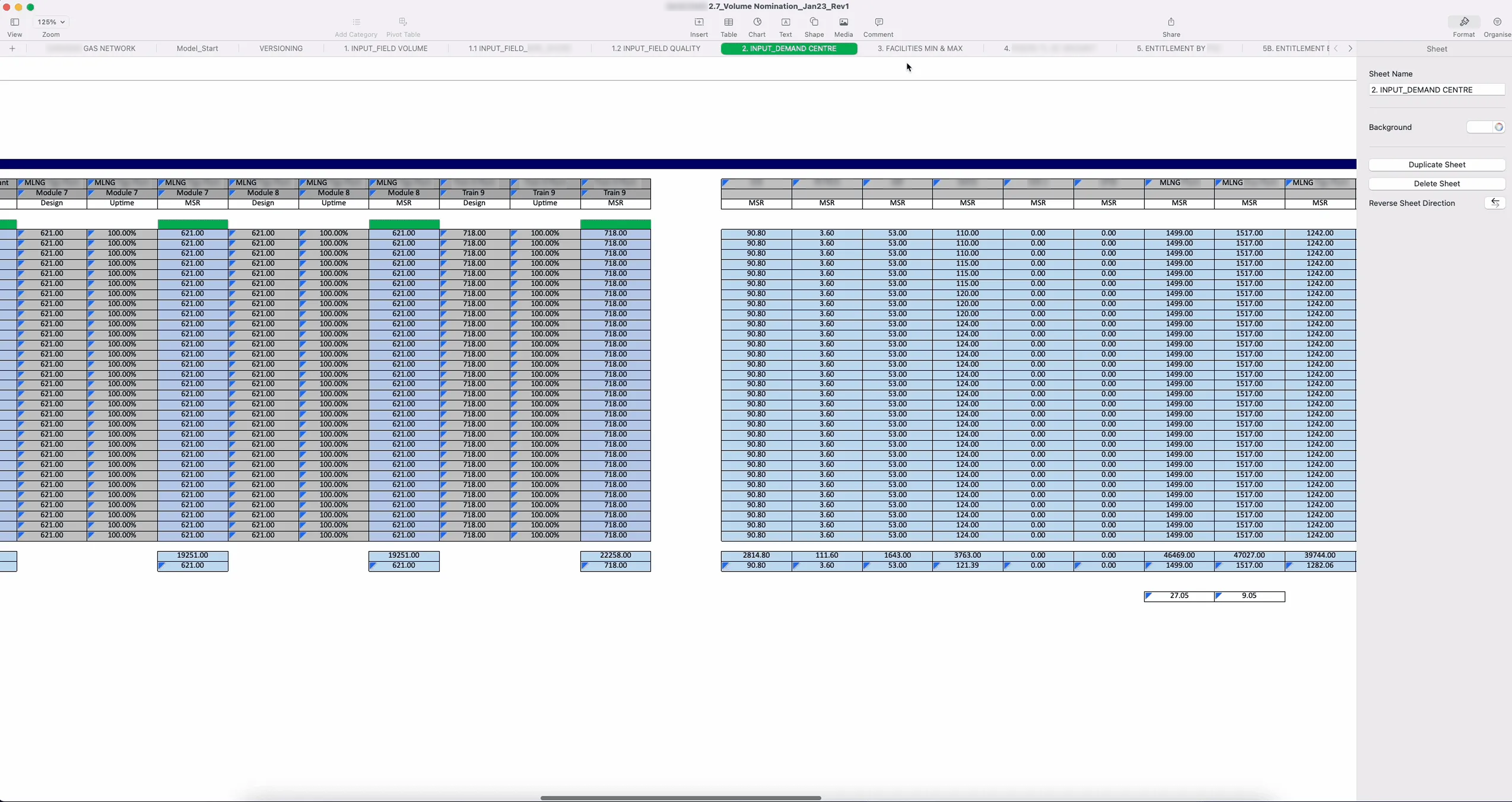 Spreadsheet 1 of the current Excel planning file, dense grids of numbers across many columns.