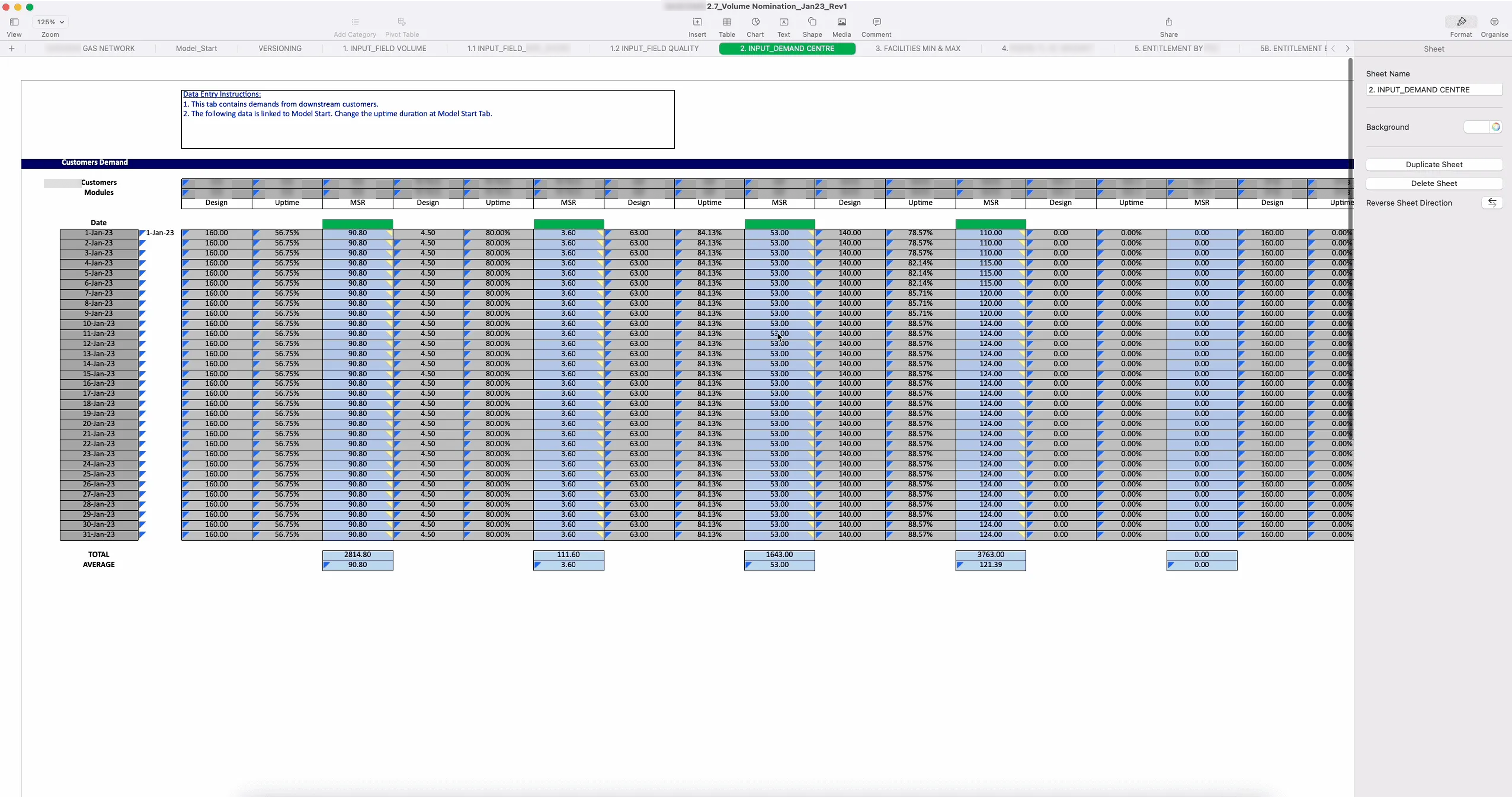 Spreadsheet 2 of the current Excel planning file, dense grids of numbers across many columns.