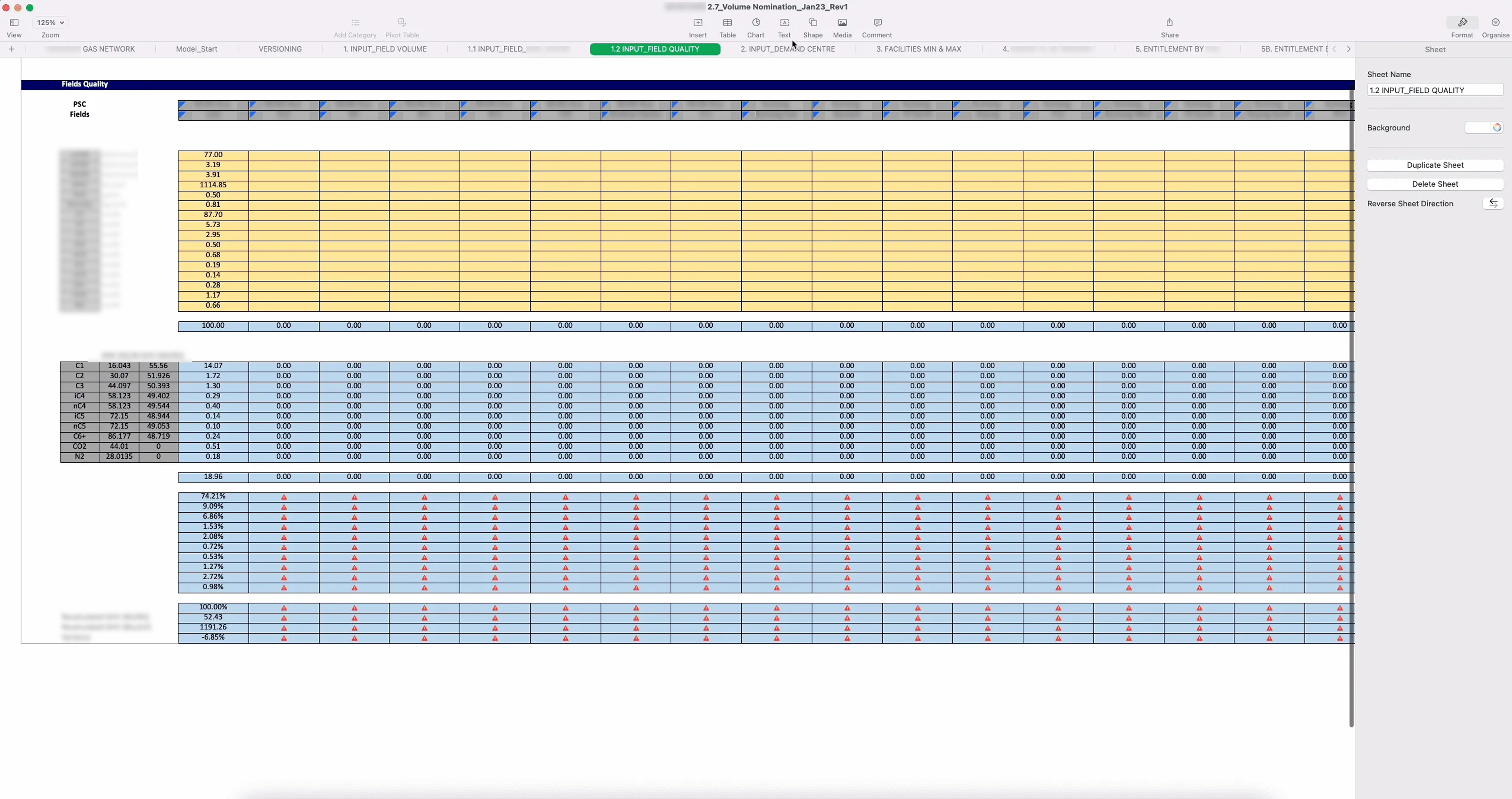 Spreadsheet 3 of the current Excel planning file, dense grids of numbers across many columns.