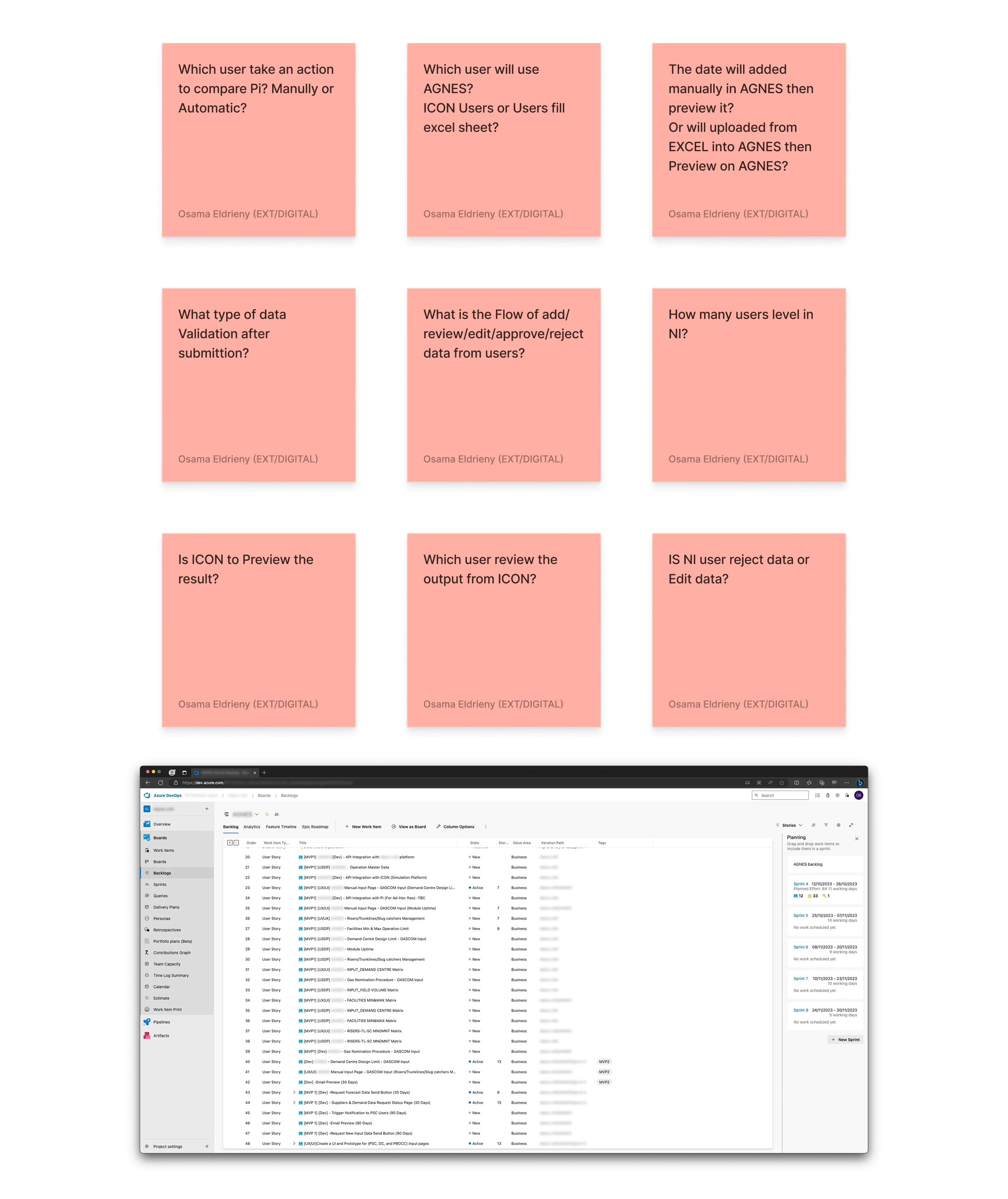 The open grey areas above the project backlog: nine sticky notes with the open questions left after reviewing the recordings and user stories, and the backlog of 48 user stories.