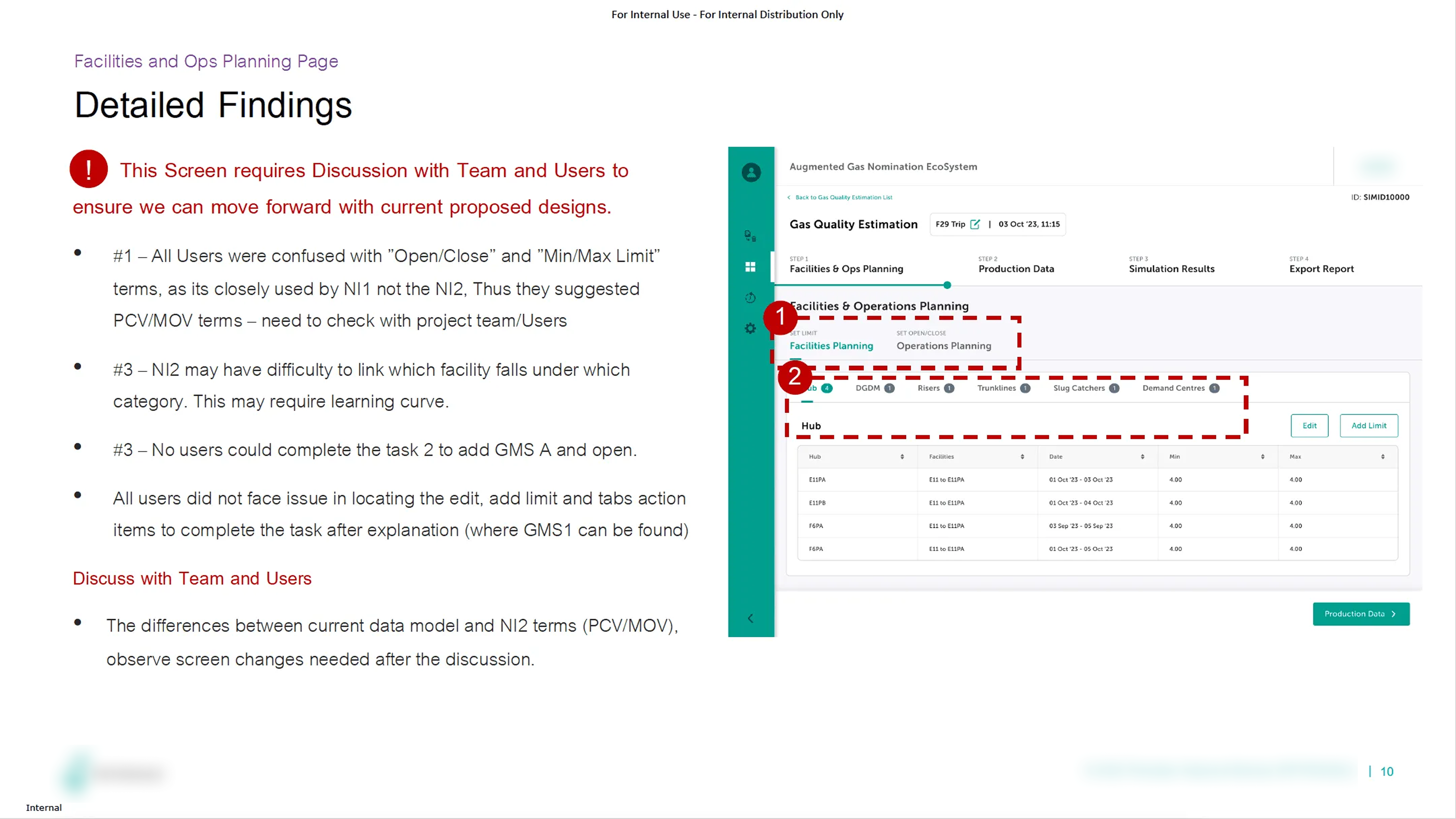 Detailed findings on the facilities and gas planning page.
