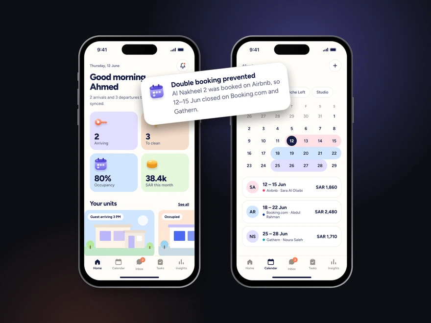 The Booking Manager app on two phones, Home and Calendar, with a notification saying a double booking was prevented.