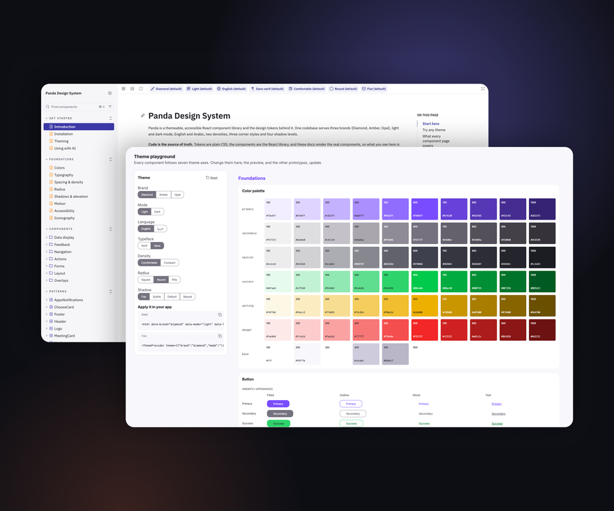 Two screens of the Panda design system: the documentation site behind, and the theme playground in front, with theme controls beside the colour palette and buttons.